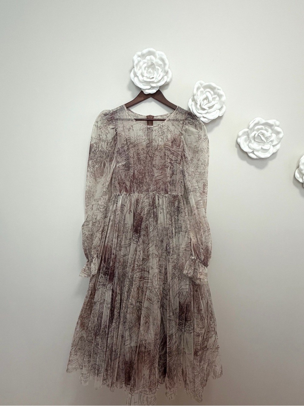 Sheer Long-Sleeve Pleated Midi Dress in Taupe Print